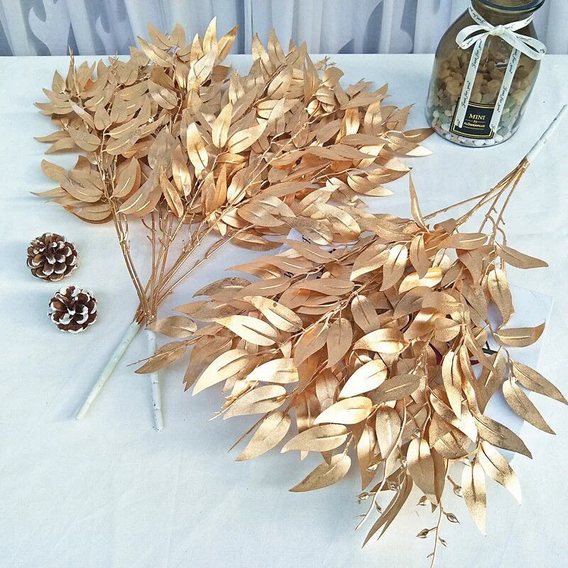 Factory Sale 5 Forks Gold Willow Leaves Wedding Plant Decoration Artificial Branches