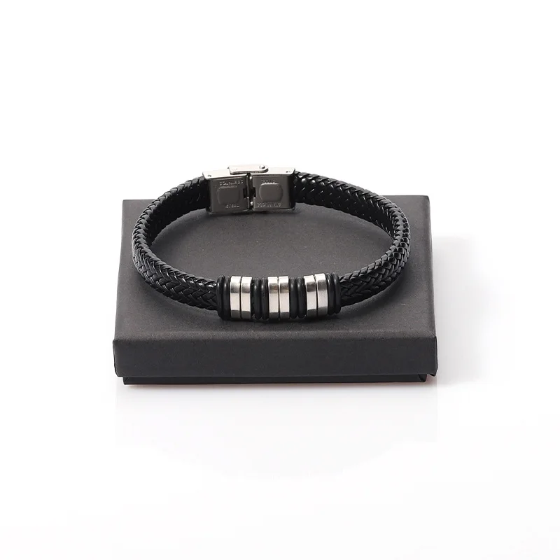 Leather Stainless Steel Press Button Bracelet For Men Retro Black Woven Bracelet