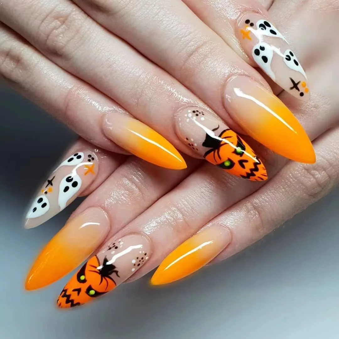 Halloween Press on Nails Medium Almond French False Nails Pumpkin Gradient Full Cover Acrylic Nails for Women Girls 24 Pcs