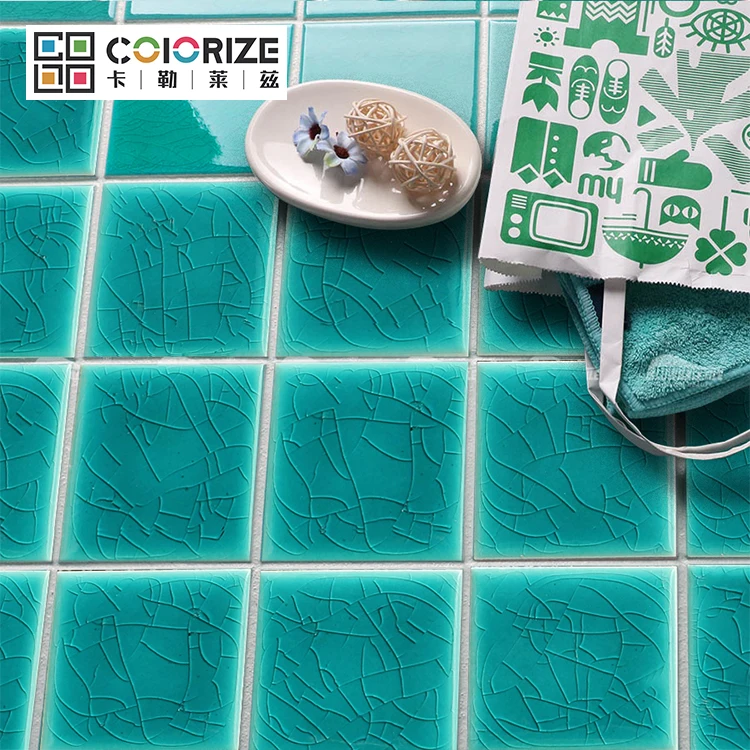 Colorize Foshan villa Square Green Porcelain swimming pool Mosaic tile Ice Crack blue Swimming pool tile ceramic