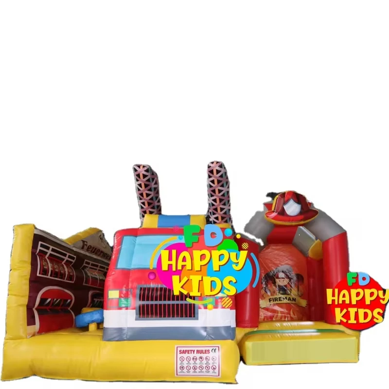 Custom Commercial fire truck/ station/firefighter Cartoon park  inflatable combo for sale/Multiplayer gamefor kids