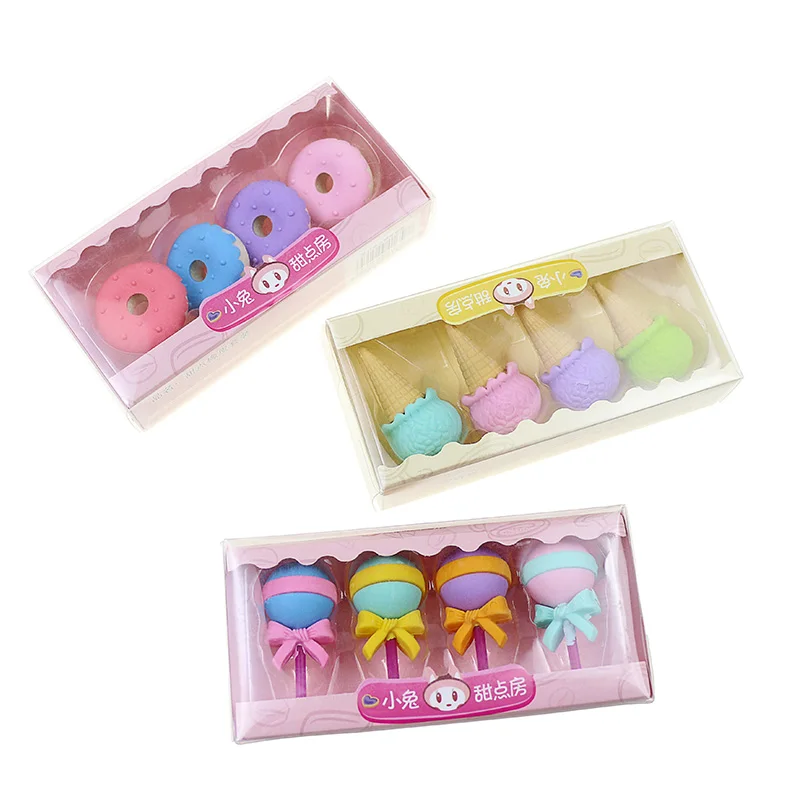BECOL Wholesale Funny Cute 3D Student Erasers Mini Cartoon Rubber Desserts Candy Lollipop Donuts Shape Eraser Sets for Gift