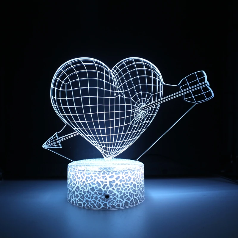 Romantic Valentine Gift Multi Colors Change 3D Optical Lamp Laser Cut Acrylic 3D Light Cracked Base Love Heart LED Night Light
