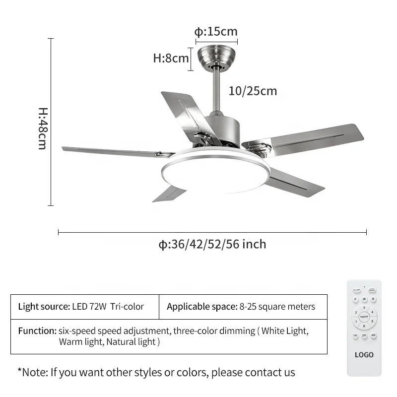 C091  36/42/52/56 INCH Metal straight leaf ceiling fanwith light VENTILADOR FLY AGOTADO DC APP CONTROL