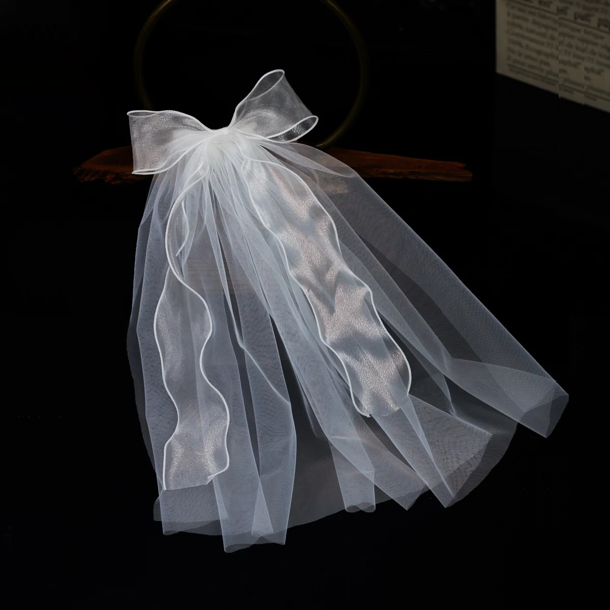 Fashion Wedding Veil Pearl Bow Hair Accessories Short Soft Tulle One-Layer Ribbon Bowknot Decoration