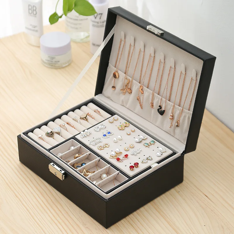 New Style Double-layer Velvet Jewelry Box Leather Earrings Jewelry Storage Box With High Quality