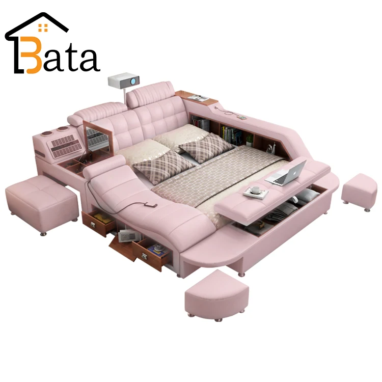 Modern Leather Fabric Bed With Storage Box Multimedia Function Household Bed Bedroom Furniture Sets