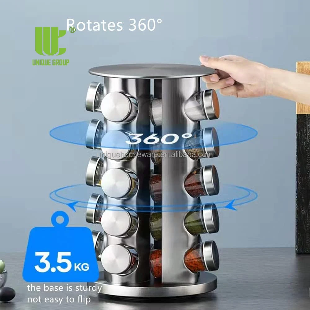 20 Jar Stainless Steel Revolving Spice Rack Organizer Round Carousel Tower Countertop With Reusable Labels and Funnel