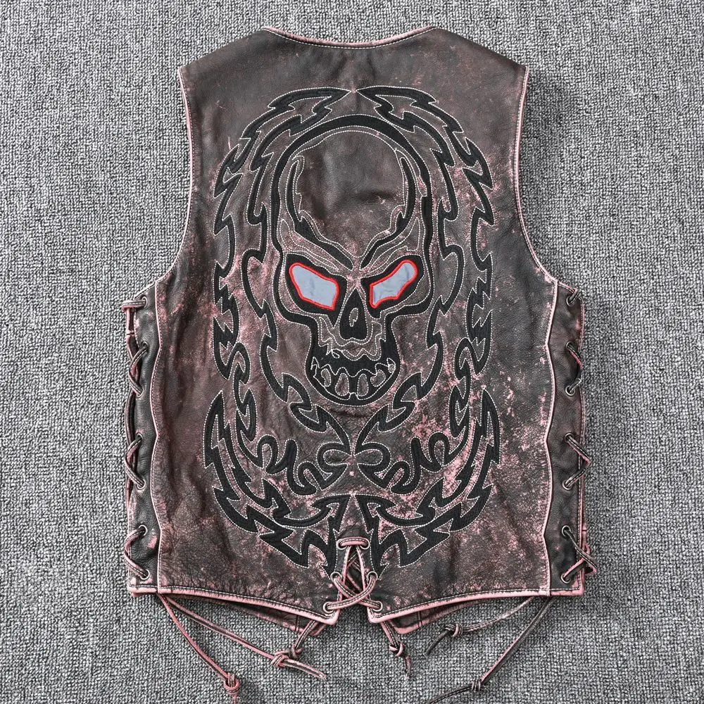 PDEP plus size 4XL leather vest jacket for men lace up pocket tactical leather motorcycle vest brown men leather biker vest