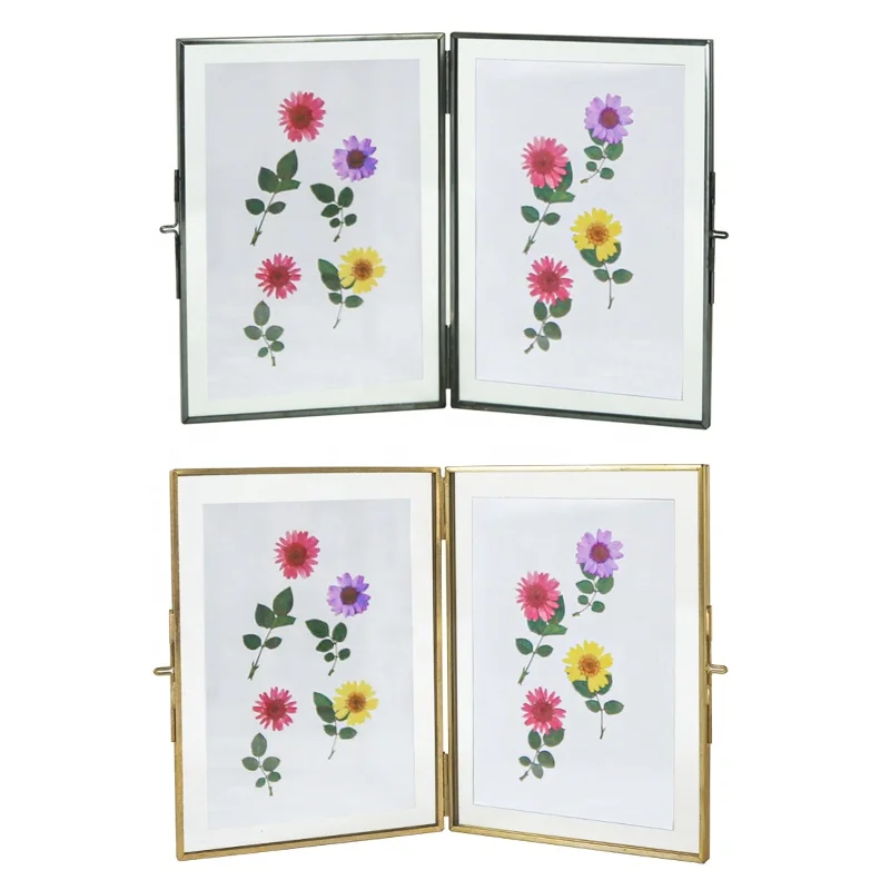 black Gold Metal Floating Wedding Double Sided Glass Picture Photo Frames Stand Tabletop Home Decorative Metal Photo Frame