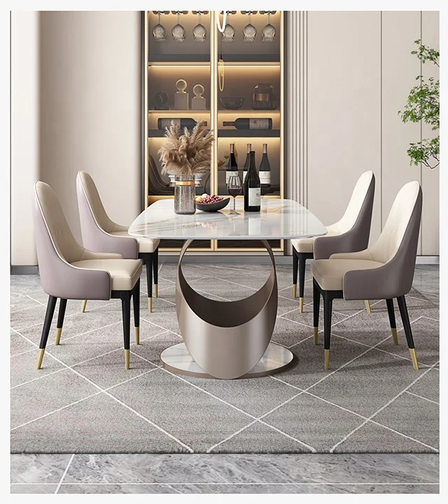 Foshan Factory direct sale modern Rock table restaurant rectangle marble stone dining table and chair set for villa home