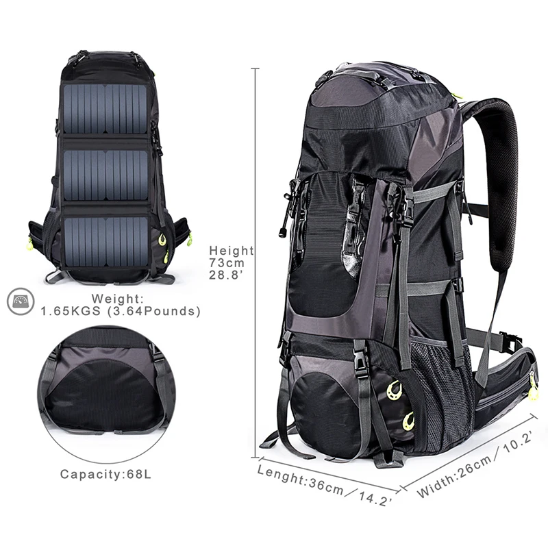 best selling solar panel backpack waterproof climbing bag 68L Hiking backpack with 20w Solar panel