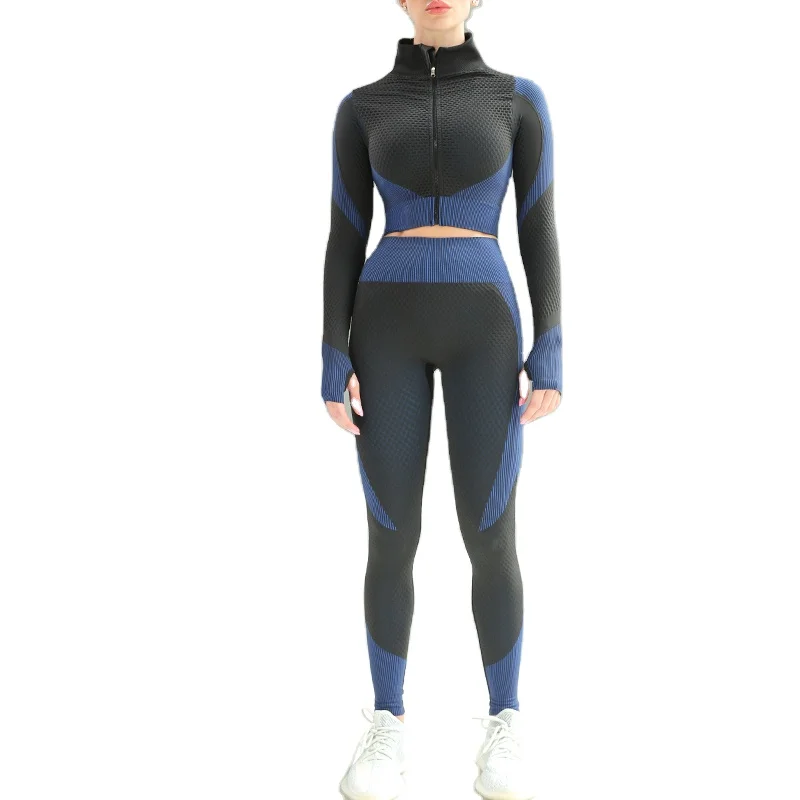 Seamless Activewear for Women Gym Clothes Crop Top Seamless Tracksuits with Zipper 3pcs Yoga Set