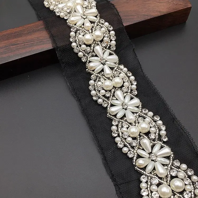 
GUGUTREE Pearl Beaded Lace Edge Trim,beads laces trim Ribbon,Bridal Dress Tassel DIY braid accessory appliques,KZ-2032580 