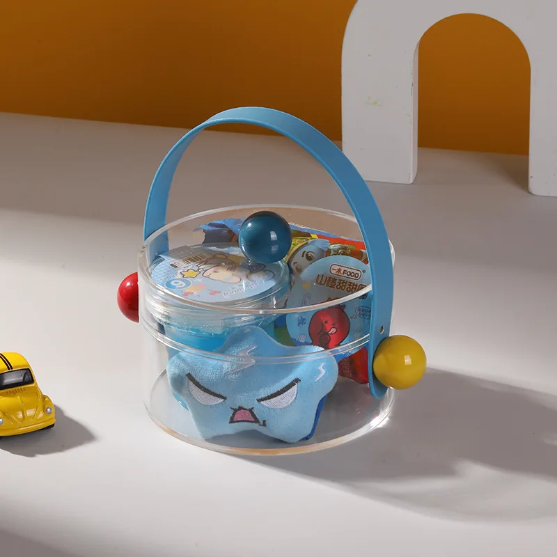 Cute Acrylic Candy Box Clear Round Storage Boxes with Handle Transparent Kids Party Wedding Gift Packaging Display Box with Lid