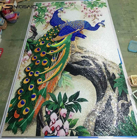 Peacock pattern wall background design art murale mosaic customized beautiful bird murale hand cutting mosaic interior decor