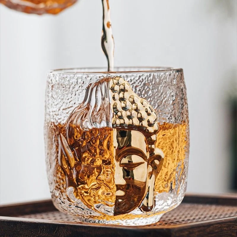 Hot Selling Crystal  Glass Cup Gold-Faced Buddha Glass Cup Coffee Kung Fu Tea Cup Whiskey Glasses For Bar