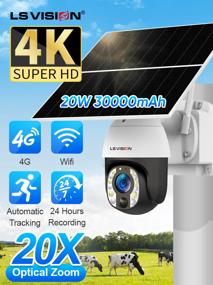 LS VISION 5MP PTZ Zoom Wireless 4G Battery Solar Powered CCTV Camera Outdoor WiFi Security with PIR Alarm Solar Camera