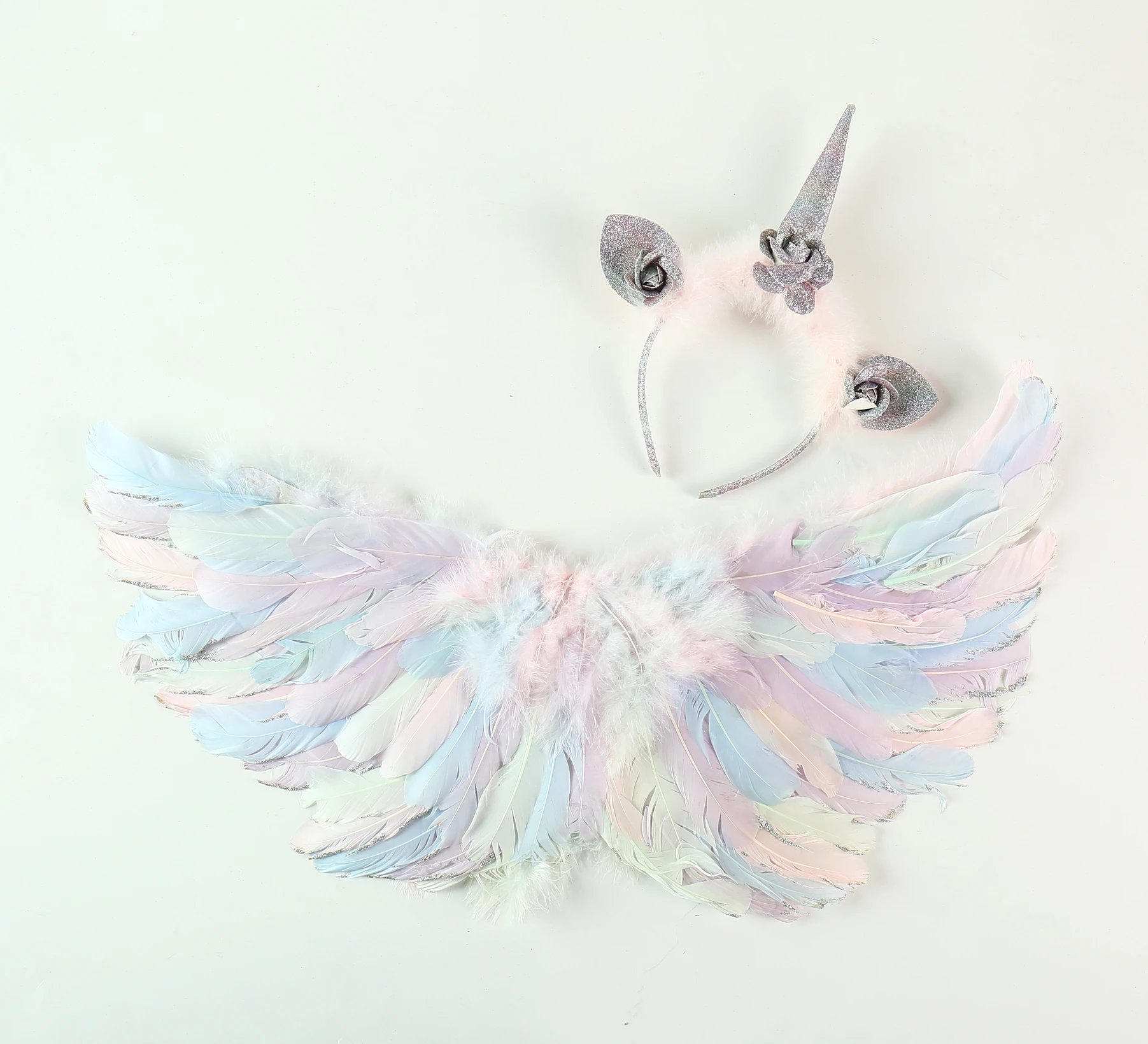 rainbow Unicorn Fancy Dress Pink Angel Feather Wing with Unicorn Headband Princess Wings for Kids Girls party