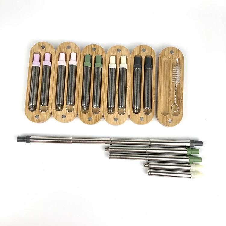 Eco-Friendly Collapsible Flexible Reusable Silicone Drinking Metal Straws with Portable Bamboo Case
