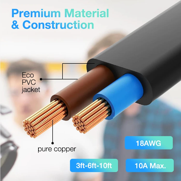 125v-250v 10A US plug extension cord C7 connector smart tv use cable 3ft to 25ft available ac power cord amazon hot selling