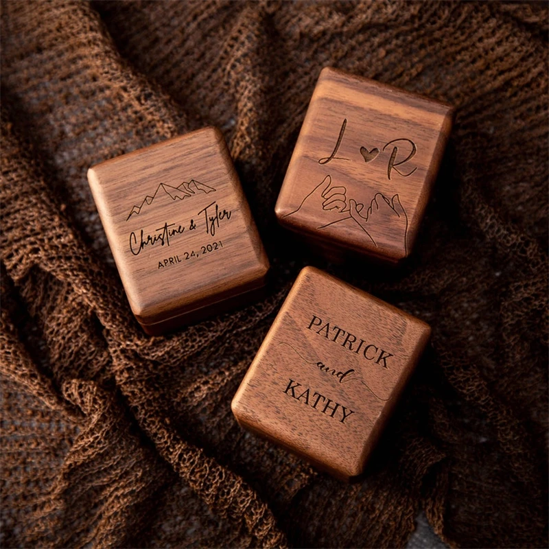 Factory Wholesale Gifts Wood Personalise Triple Flip Weeding Handmade Walnut Small Design Modern Wooden Ring Box