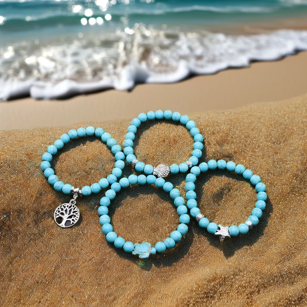 European American Retro Turquoise Bracelet Set Cross-Border Fashion Beaded Bracelets with Natural Stone Turquoise Color