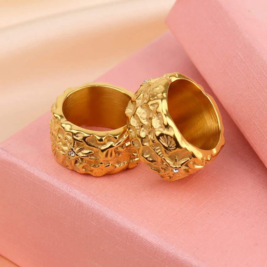 Minos Designs Irregular Texture Ring Gold Plated Stainless Steel Waterproof Ocean Jewelry 18k Chunky Rings Women with Zircon