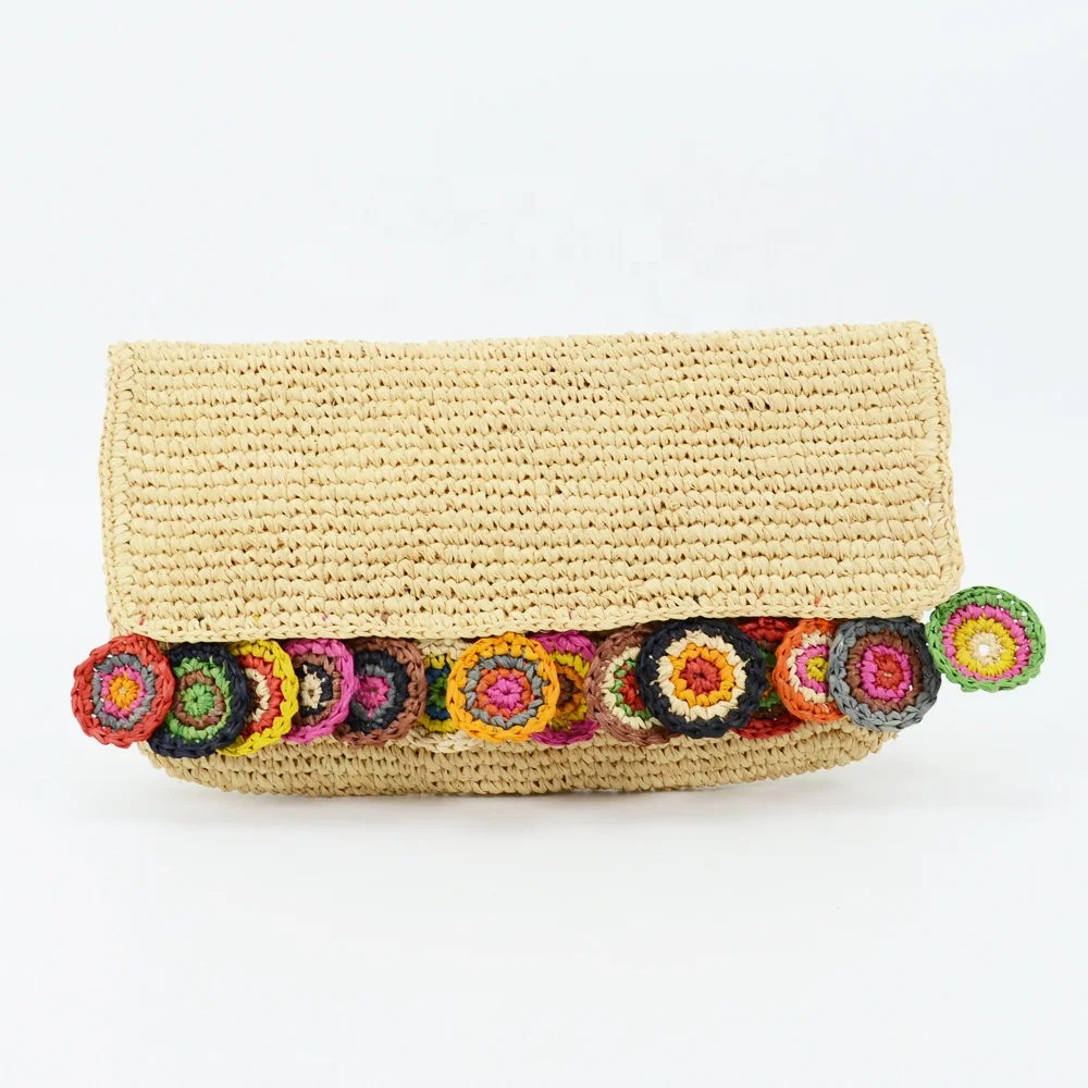 Вязаный крючком клатч ручной работы из рафии с разноцветными цветами, винтажная Сумка-тоут в богемном стиле для женщин на весну-лето