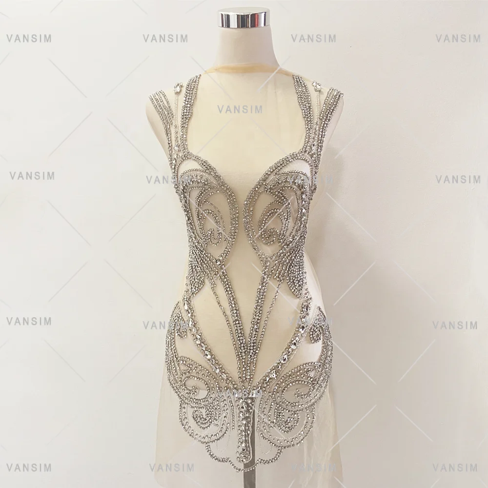 Fashion long body red color Handmade Beaded Crystal Rhinestone Bodice Dress Applique for Party evening dress