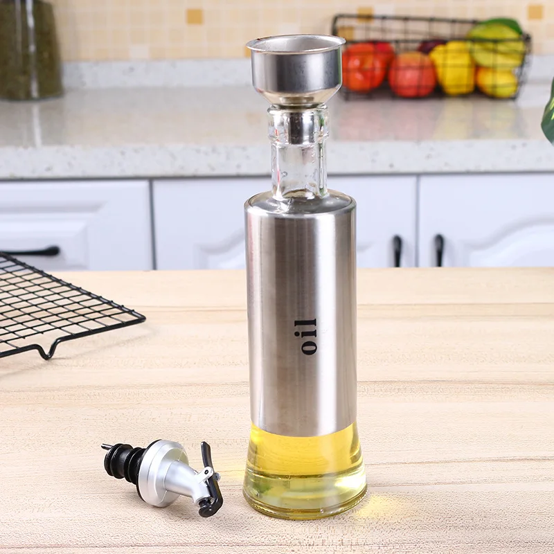 
300ml Olive Oil Vinegar Dispenser Bottle,Clear Leakproof Stainless Steel Glass Oil Bottle-with anti-drip nozzles and funnel 