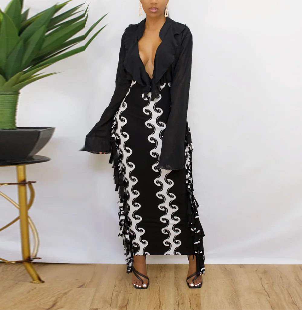 Fall Clothing Women Casual Color Block High Waist Tassel Pencil Long Maxi Skirts Mid-length Skirt