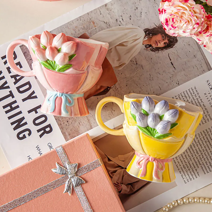 360ml Ins Korean 3D Relief Hand Pinched Irregular Tulip Flower Oatmeal Breakfast Mug Drinkware Ceramic Coffee Tea Cup Mugs