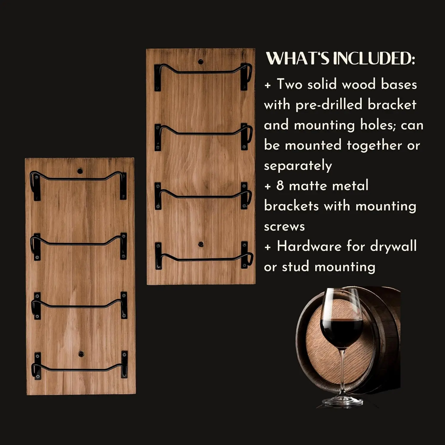 Wall Mounted Black Brackets Wooden Wine Storage Racks Wood Wine Rack For Wall 8 Bottles Wine Rack Display