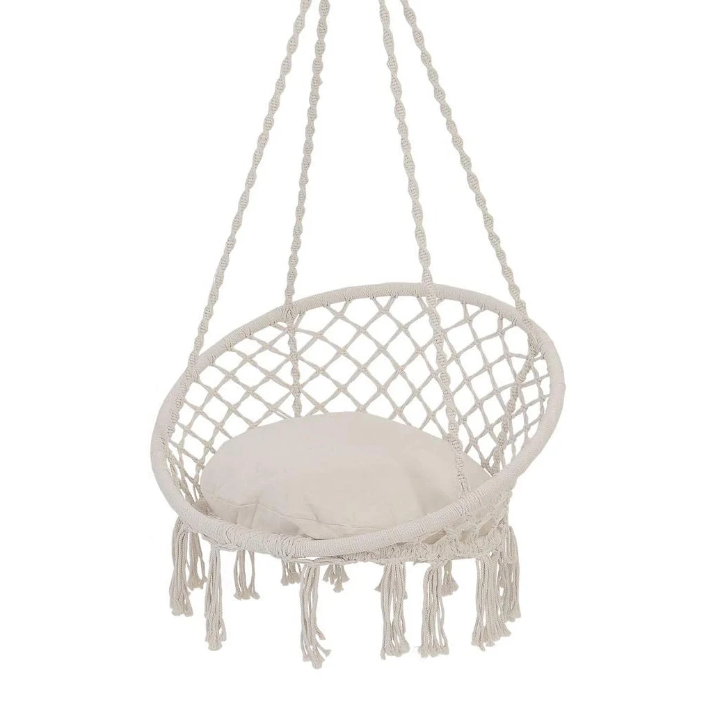 Hammock Chair Hanging Macrame Swing with Cushion and Hardware Kits, Max 330 Lbs, Handmade Knitted Mesh Rope Swing Chair