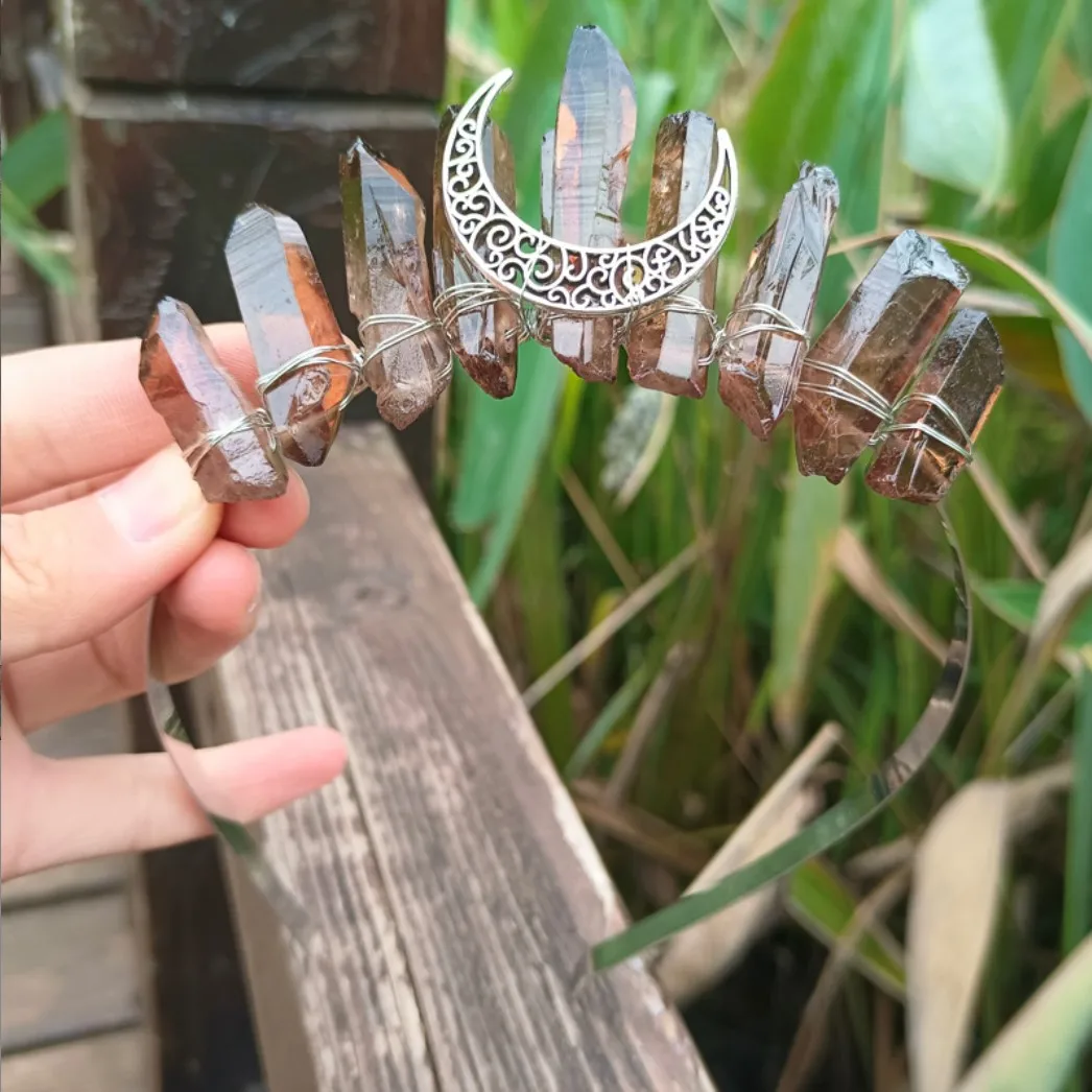 Handmade Natural Crystal Stone Crown Moon Hair Hoop Headband