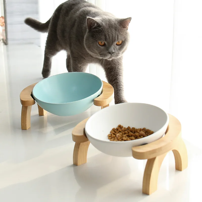 Ceramic Dog Bowl Pet Food and Water Bowl Pet Feeder Dog Bowl With Bamboo Stand Dog Dish Cat Dish