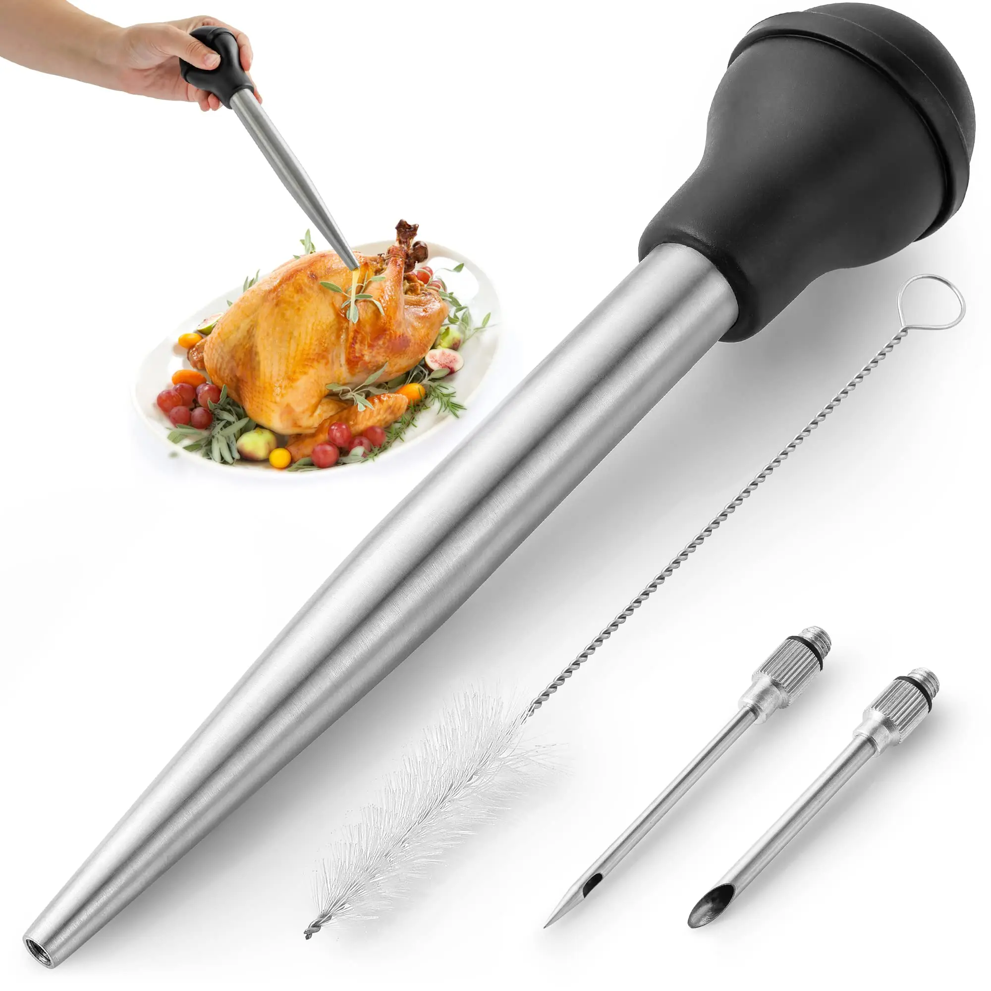 Хит продаж набор инструментов для барбекю мяса из нержавеющей стали шприц приготовления индейки с 2 съемными иглами чистящая щетка
