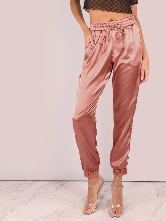 Women Elegant Luxy Satin Pants Elasticated Drawstring Waist Joggers Custom Ladies Side Striped Navy Jogging Pants Track Pants