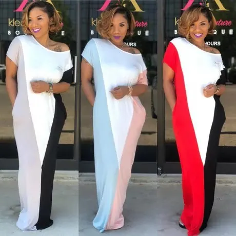 
2019 New Arrivals Summer Fashion Women Casual Patchwork Color Round Neck Short Sleeve Loose Beachwear Tunic Maxi Dress 