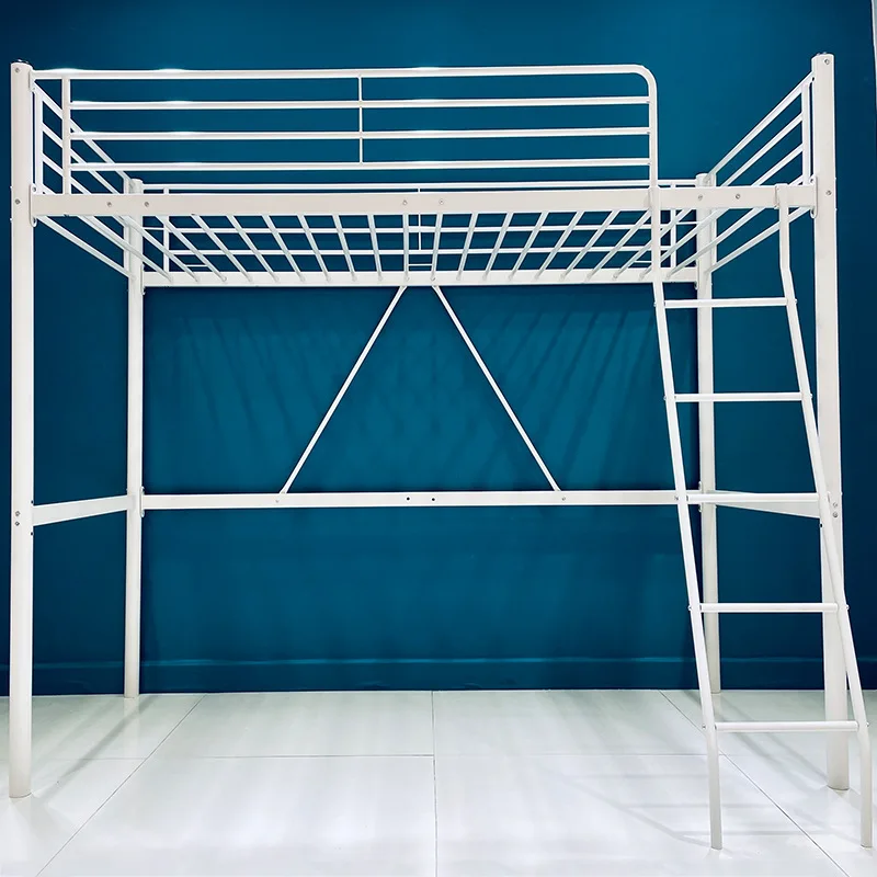 Twin Full Size Metal Loft Bed with Built-In Ladder and Shelves