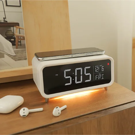 Bedside Digital Alarm Clock 3-grade Brightness  Wireless Charger Clock Night Light Smart Table Clock