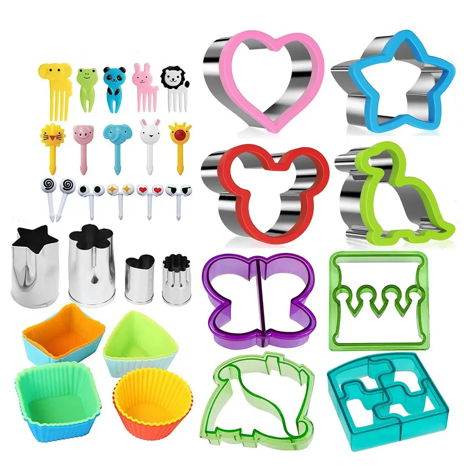 Diy 40pcs Sandwich Bread Cutter Multi Shaped Fruit Stamp With Cartoon Food Pick For Kids Lunch