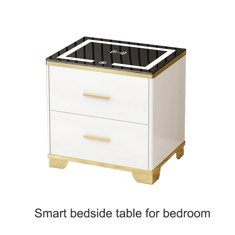 Modern Wood Bedside Table Black With Drawer Marble Table Top Plug Inside Usb Wireless Charging