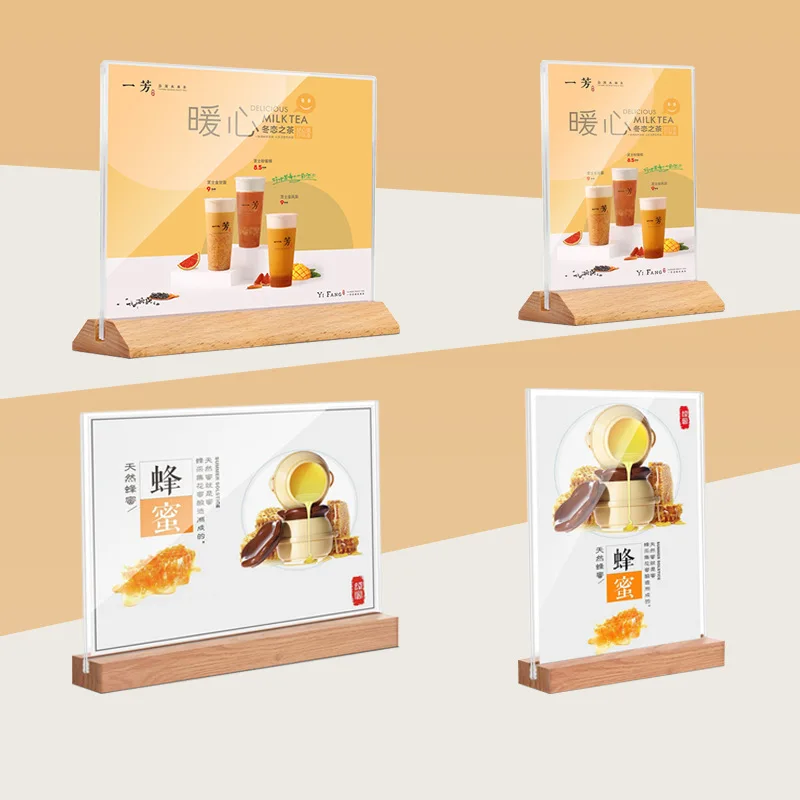 wholesale acrylic sign holders Tabletop Photo Frame Menu Holder Display Stand With Wood Base table numbers holder A4 A5 A6