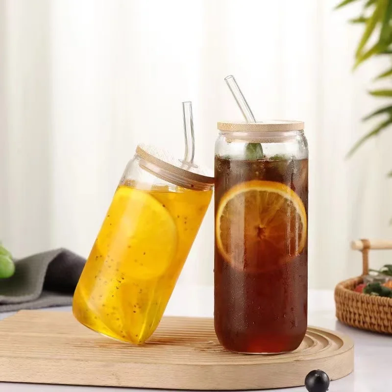 16oz Clear Sublimation Drinking Borosilicate Glass Beer Mug Can Shaped Glass Cup Mugs With Bamboo Lid And Straw