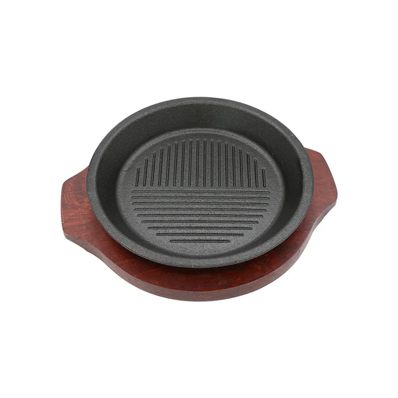 Hot sale Christmas cookware steak plate fajita teppanyaki pan Korean cast iron baking pan round sizzling plate with wooden base