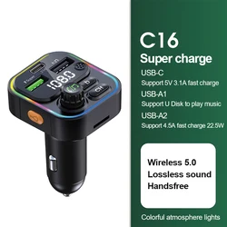 New 22.5W Car Kit FM Transmitter handsfree multifunction wireless  MP3 Player 3 Usb Port Car Charger Type C Charger Adapter