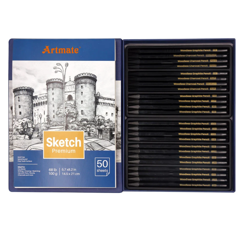 Artmate Woodless Sketch Pencil Set 24 pcs with a sketch book A5  5.7x8.2 inch 50 sheet blank