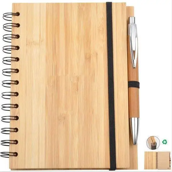 ECO-Friendly Spiral Bamboo Cover Notebook with pen Customized Recycled Bamboo Cover Notebook and Pen Gift Set